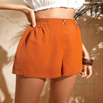 AMDMG Shorts for Women Solid Button Detail Straight Leg Shorts (Color : Burnt Orange, Size : Small)