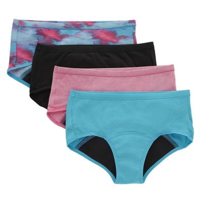 Hanes Girls' Big Comfort Underwear, Hipster Period Panties, Moderate Protection, Boyshort - Pink/Blue/Black - 4 Pack, 16