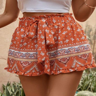 AKIOLOAS Women's Shorts Floral Print Paperbag Waist Frill Trim Knot Front Shorts Women's Shorts Shorts for Women (Color : Multicolor, Size : Small)