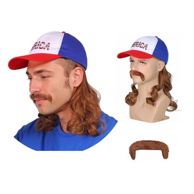 FantaLook Red White and Blue Mullet Brown Wig with Mustache for Men 4th of July
