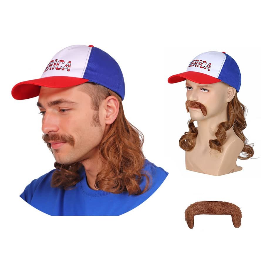 FantaLook Red White and Blue Mullet Brown Wig with Mustache for Men 4th of July