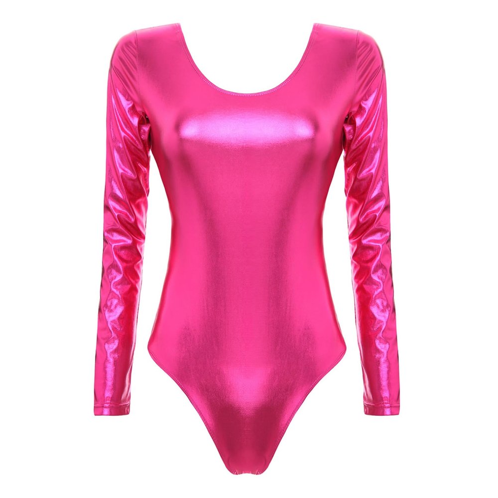 Hedmy Women's Shiny Metallic One Piece Gymnastics Leotard Long Sleeve Athletic Dancewear Bodysuit Hot Pink Small