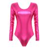 Hedmy Women's Shiny Metallic One Piece Gymnastics Leotard Long Sleeve Athletic Dancewear Bodysuit Hot Pink Small view 1