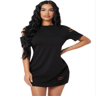ODOCA Dresses for Women Ripped Detail Solid Dress (Color : Black, Size : X-Small)