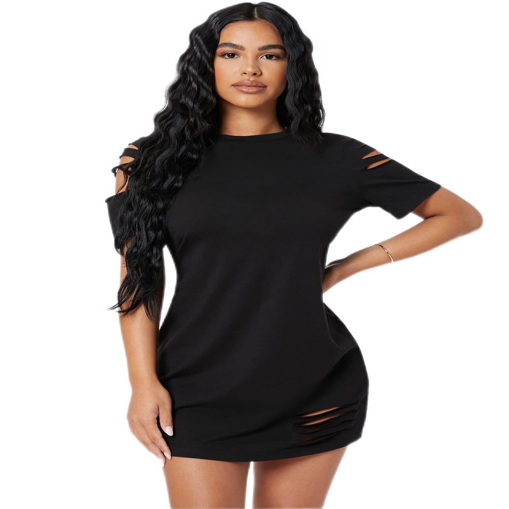 ODOCA Dresses for Women Ripped Detail Solid Dress (Color : Black, Size : X-Small)