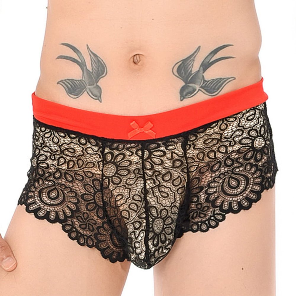 ACSUSS Mens Lingerie Lace Floral Sissy Panties Pouch Low Rise Bikini Briefs Underwear Red&Black Underpants XX-Large