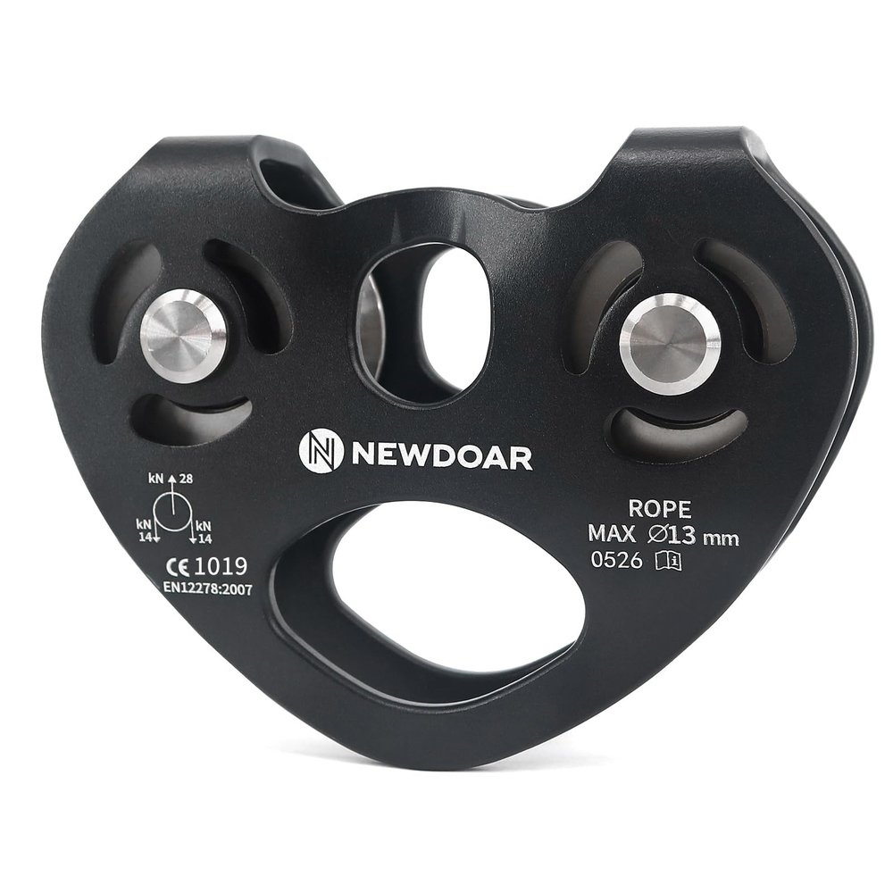NewDoar Zip Line Pulley,28KN Double Tandem Speed Dual Trolley with Ball Bearing,CE Certified for Climbing, Rescue Lifting Aluminum Fixed Eye Pulley (Stainless Steel Wheel Black)