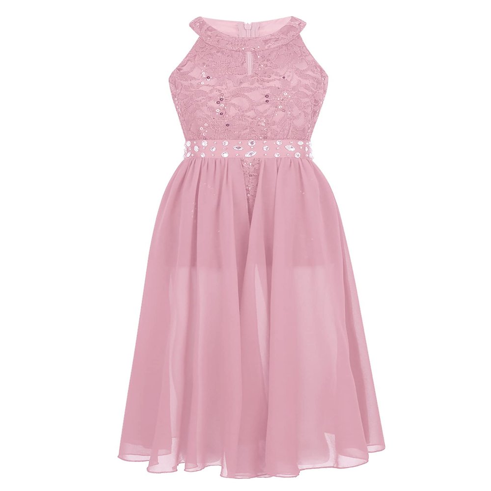 Manyakai Kids Girls Sleeveless Floral Lace Shiny Rhinestone Maxi Dress Dance Birthday Party Bridesmaid Gown Pink 6 Years