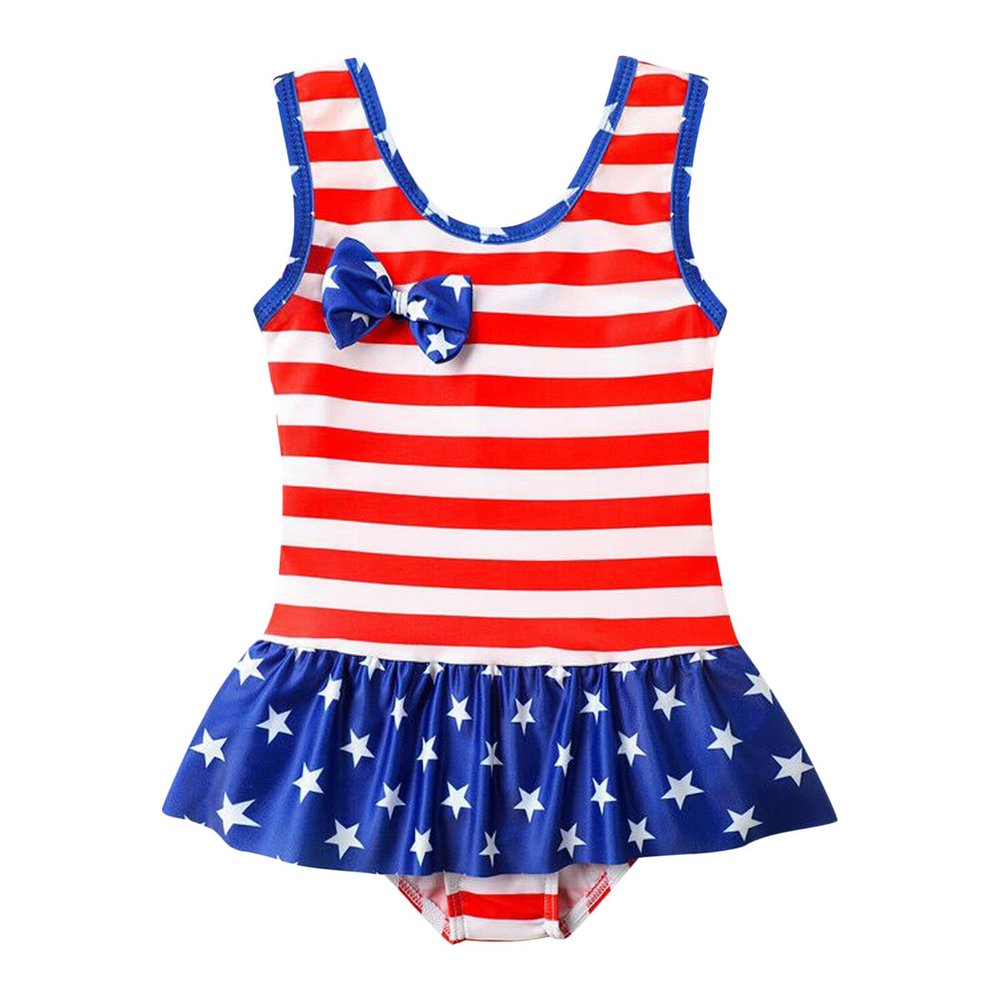 4th of July Toddler Girls Short Sleeve Stripe Printing Swimsuit Girl's Summer Beach Bathing Jumpsuit (Red, 12-18 Months)