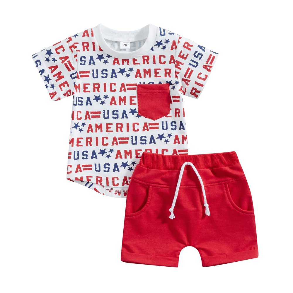 BeQeuewll 4th of July Baby Boys Outfit American Flag USA Letter Print Shirt and Shorts Set Summer Toddler Infant Boy Clothes (#11 Full USA Letter-Red, 0-6 Months)