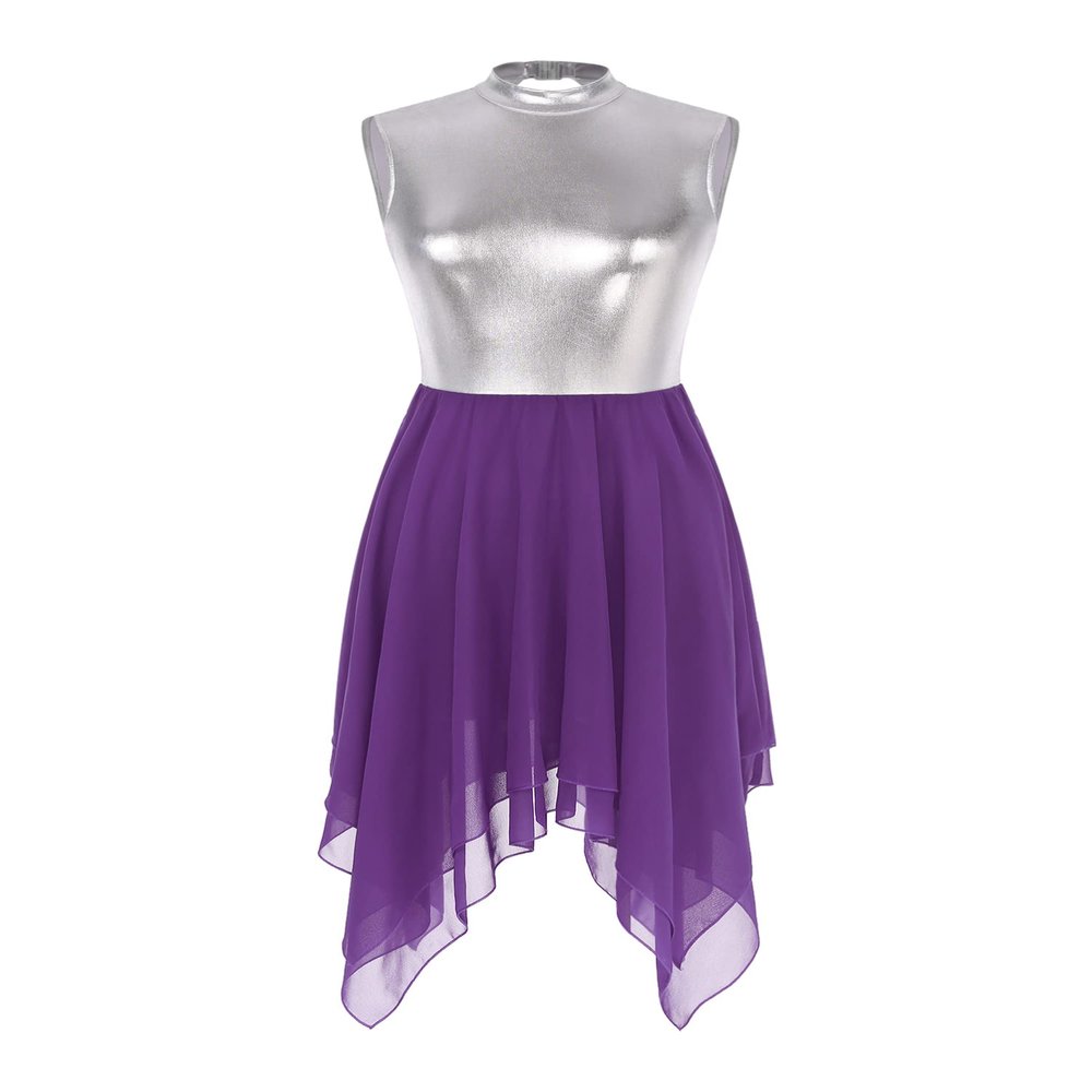 JEEYJOO Liturgical Worship Praise Dance Dress Tunic for Women Sleeveless Silver Metallic Lyrical Dance Costume Purple Large