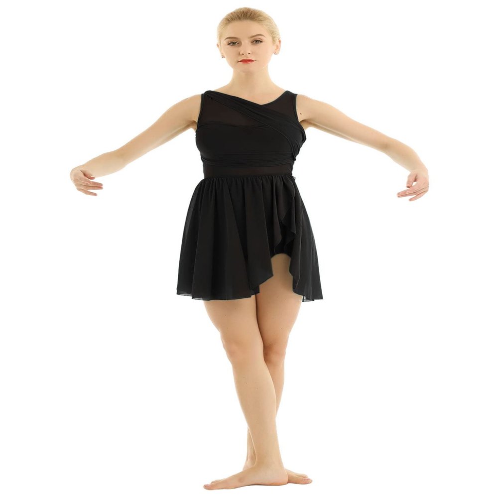 LiiYii Women's Asymmetric Chiffon Lyrical Dance Leotard Dress Contemporary Dance Costumes Dress Black Small