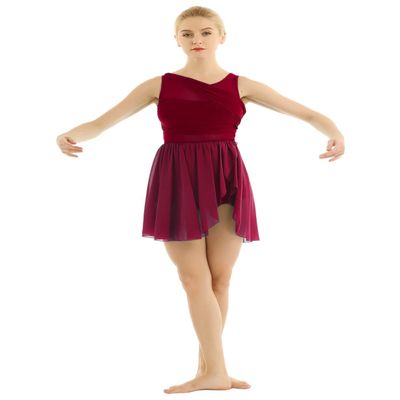 LiiYii Women's Asymmetric Chiffon Lyrical Dance Leotard Dress Contemporary Dance Costumes Dress Wine Red Small