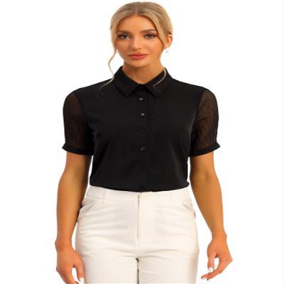 Allegra K Button Down Shirt for Women's Sheer Short Sleeve Point Collar Work Tops X-Small Black