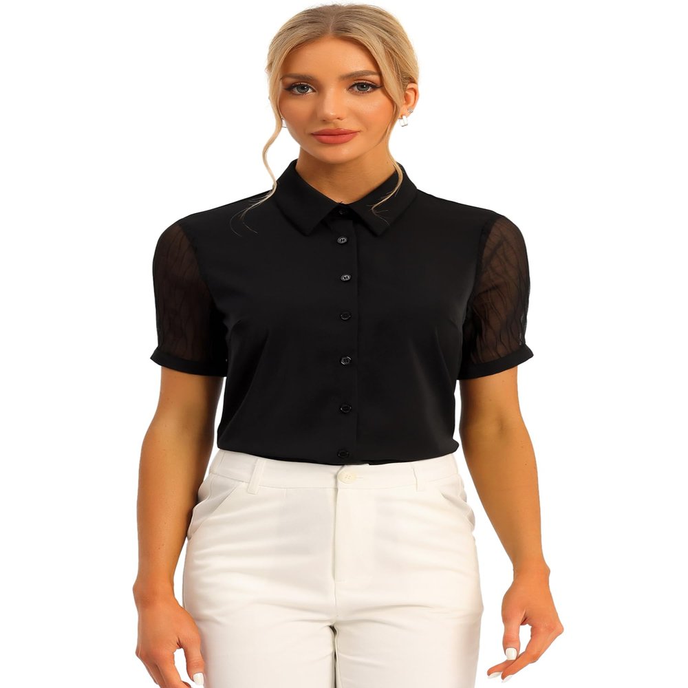 Allegra K Button Down Shirt for Women's Sheer Short Sleeve Point Collar Work Tops X-Small Black
