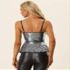 Allegra K Sequin Sparkle Tank Top for Women's V Neck Ruffle Camisole Sleeveless Peplum Tops Large Black view 3