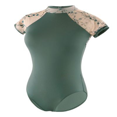 Daydance Green Dance Leotards for Girls Ballet, Hight Neck Embroidery Dance Clothes