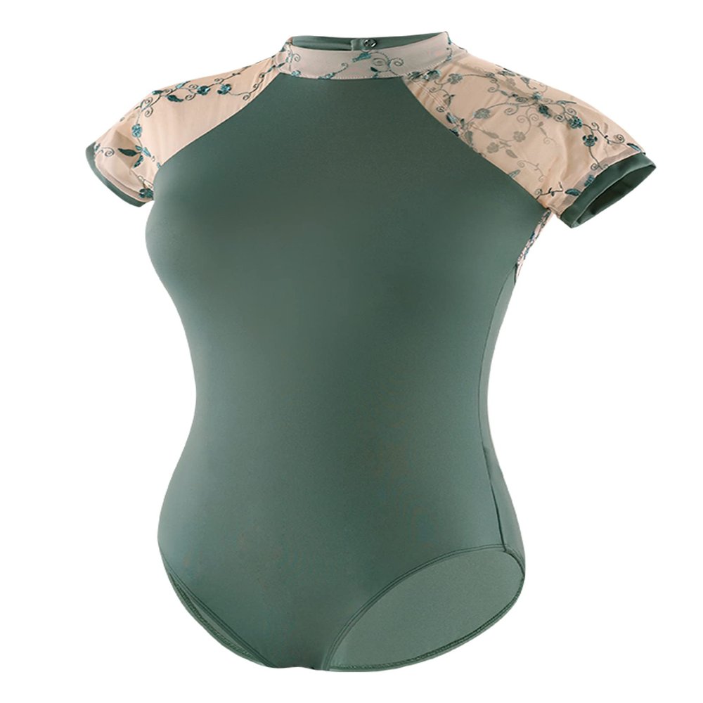 Daydance Green Dance Leotards for Girls Ballet, Hight Neck Embroidery Dance Clothes