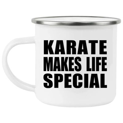 Designsify Gifts, Karate Makes Life Special, 12oz Camping Mug Stainless Steel Enamel Tea-Cup with Handle - for Birthday Anniversary Christmas Mothers Day Fathers Day Party, to Men Women Him Her