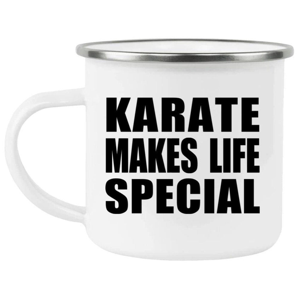 Designsify Gifts, Karate Makes Life Special, 12oz Camping Mug Stainless Steel Enamel Tea-Cup with Handle - for Birthday Anniversary Christmas Mothers Day Fathers Day Party, to Men Women Him Her
