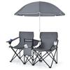 COSTWAY Double Portable Picnic Chairs, Folding Camping Chairs w/Detachable Umbrella, Cooler Bag, Cup Holders, Patio Beach Camping Chairs for Outdoors view 1