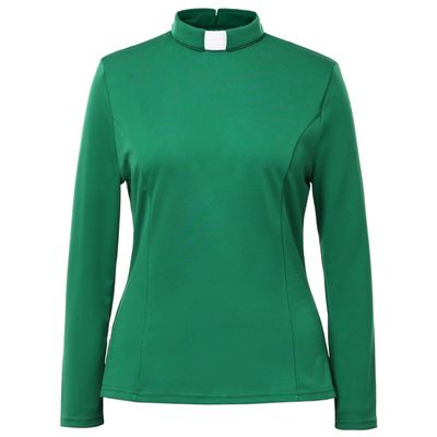 Womens Church Clergy Shirt Spring/Autumn Long Sleeve Slim Blouse with Tab Collar Green