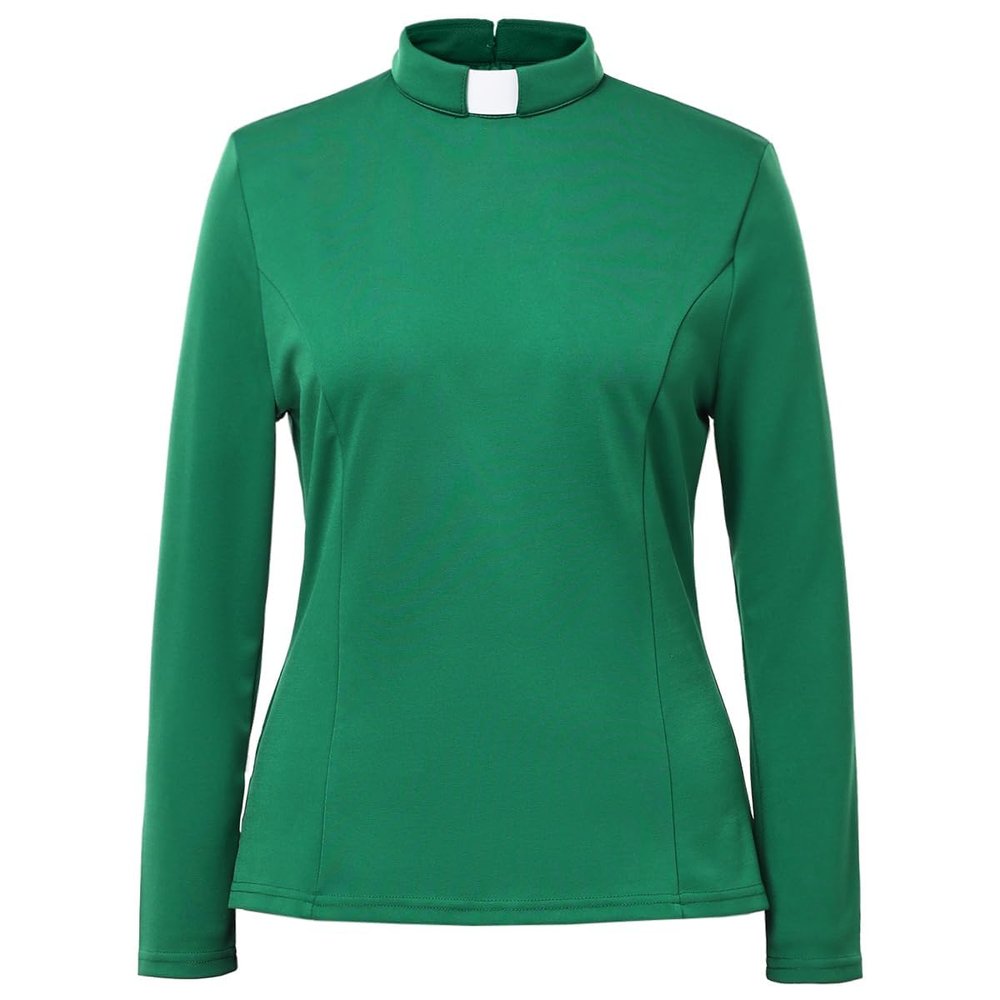 Womens Church Clergy Shirt Spring/Autumn Long Sleeve Slim Blouse with Tab Collar Green
