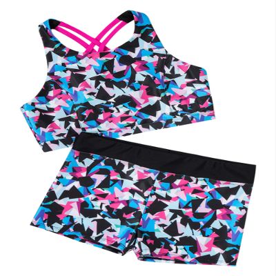 Nikiikoo Kids Girls 2 Piece Tankini Set Crop Top with Shorts Swimsuit Tracksuit for Gymnastics/Sports/Dance/Swimming Colorful 12 Years