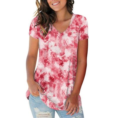 Womens V Neck Tie Dye Tunic T-Shirt Short Sleeve Loose Summer Blouse Tops Casual Comfy Basic Tee Shirts (Red,3X-Large)
