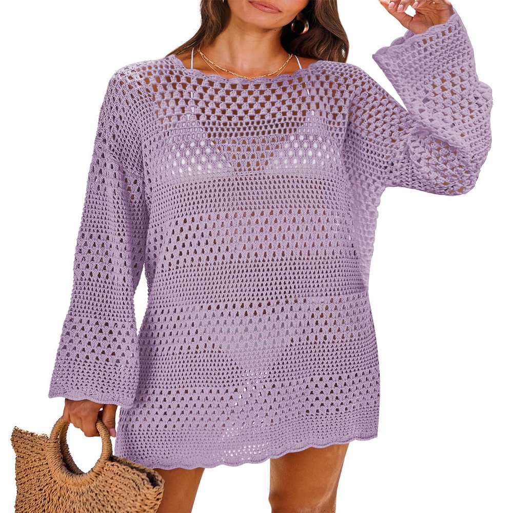ANRABESS Women Swimsuit Crochet Swim Cover Up 2026 Summer Bathing Suit Swimwear Mesh Knit Beach Dress Vacation Outfits Light Purple Large