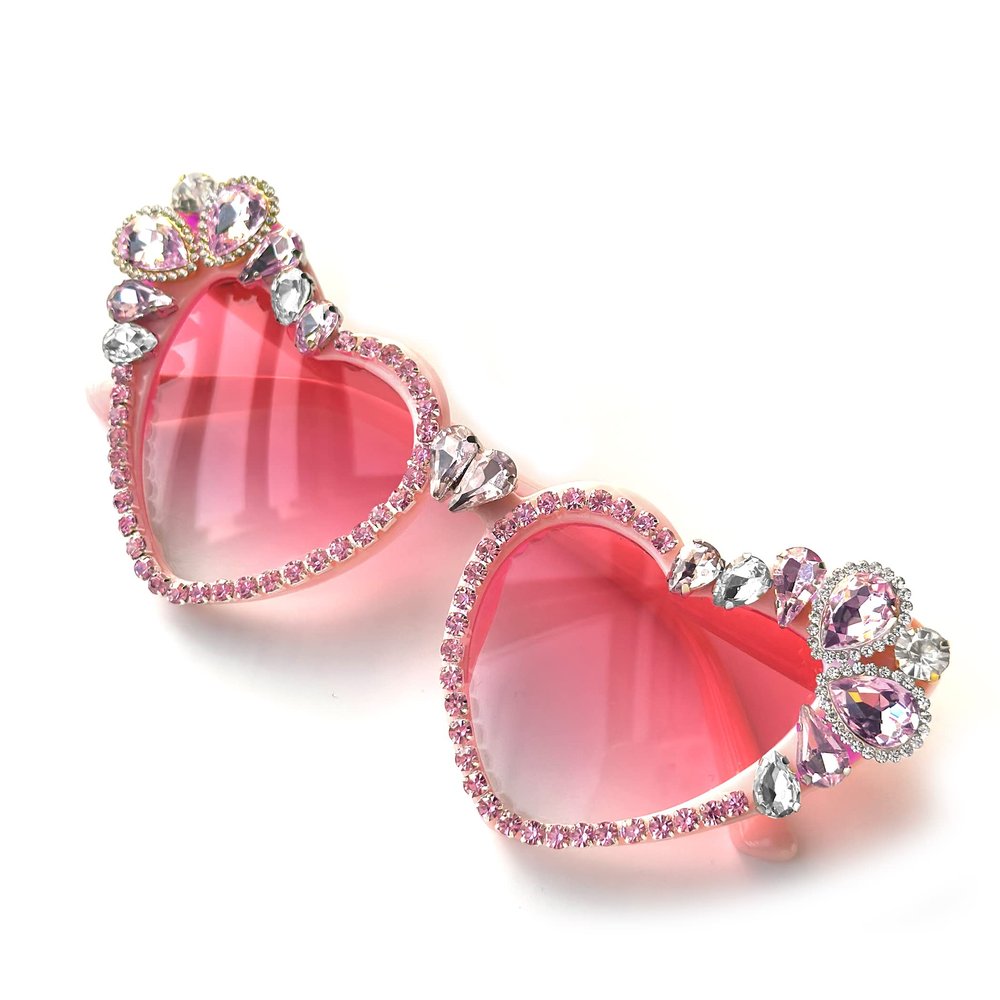 bullabulling Vintage Heart shaped Rhinestone Sunglasses Women Bling Diamond Party Sun Glasses Crystal Shades Gradient lenses (pink)