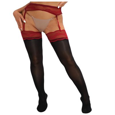 Daenrui Woman's Oil Glossy Pantyhose Tights Hollow Out Thigh High Suspender Stocking Footed Legging Burgundy&Black Lace One Size