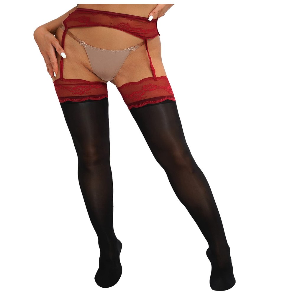 Daenrui Woman's Oil Glossy Pantyhose Tights Hollow Out Thigh High Suspender Stocking Footed Legging Burgundy&Black Lace One Size