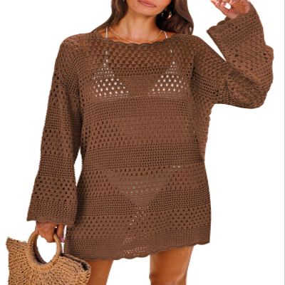 ANRABESS Women Swimsuit Crochet Swim Cover Up 2026 Summer Bathing Suit Swimwear Mesh Knit Beach Dress Vacation Outfits Brown X-Large