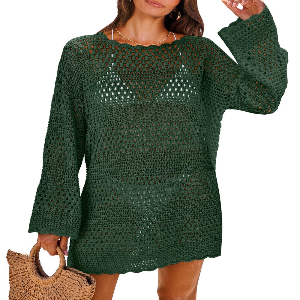 ANRABESS Women Swimsuit Crochet Swim Cover Up 2026 Summer Bathing Suit Swimwear Mesh Knit Beach Dress Vacation Outfits Deep Green Small