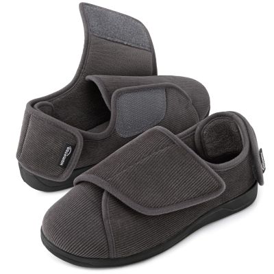 HomeTop Men's Corduroy Slippers Comfy Adjustable Hook and Loop Memory Foam Wide Indoor House Shoes for Diabetic Swollen Feet Dark Gray,12 US