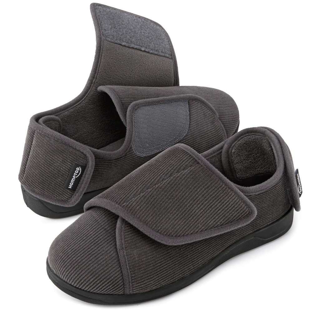 HomeTop Men's Corduroy Slippers Comfy Adjustable Hook and Loop Memory Foam Wide Indoor House Shoes for Diabetic Swollen Feet Dark Gray,12 US