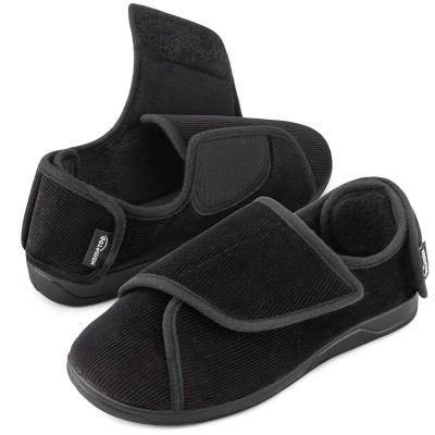 HomeTop Men's Corduroy Slippers Comfy Adjustable Hook and Loop Memory Foam Wide Indoor House Shoes for Diabetic Swollen Feet Black,9 US