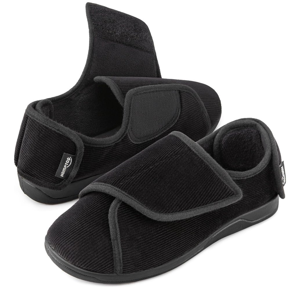 HomeTop Men's Corduroy Slippers Comfy Adjustable Hook and Loop Memory Foam Wide Indoor House Shoes for Diabetic Swollen Feet Black,9 US