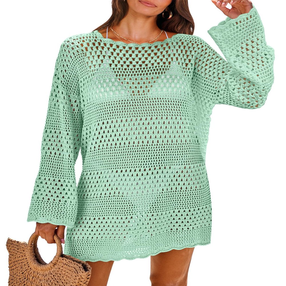 ANRABESS Women Swimsuit Crochet Swim Cover Up 2026 Summer Bathing Suit Swimwear Mesh Knit Beach Dress Vacation Outfits Light Green Large