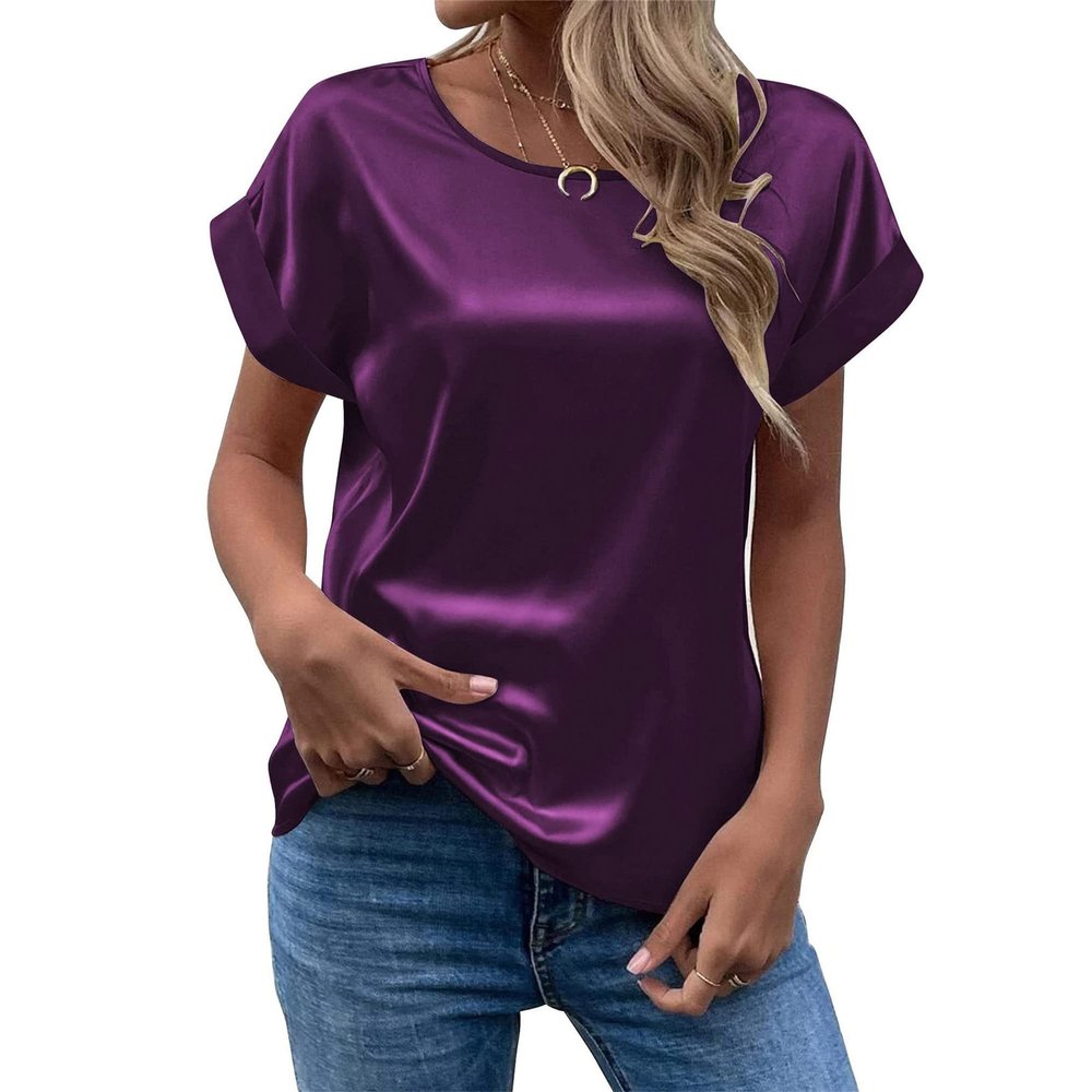 Womens Roll Short Sleeve Satin T-Shirt Casual Loose Crewneck Silk Shirts Elegant Pullover Blouses Tunic Tops (Dark Purple,Large)