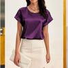 Womens Roll Short Sleeve Satin T-Shirt Casual Loose Crewneck Silk Shirts Elegant Pullover Blouses Tunic Tops (Dark Purple,Large) view 2