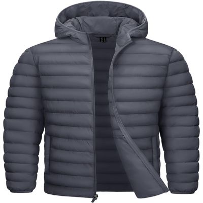 TACVASEN Down Coat Men Lightweight Packable Puffer Jackets Water Resistant Windproof Insulated Winter Coats with Hood Dark Gray M