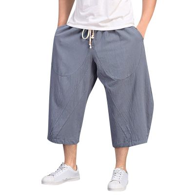 GOKKILRW Mens Cotton Linen Harem Capri Pants Elastic Waist Lightweight Loose 3/4 Shorts Drawstring Casual Beach Yoga Trousers(Grey,4X-Large)