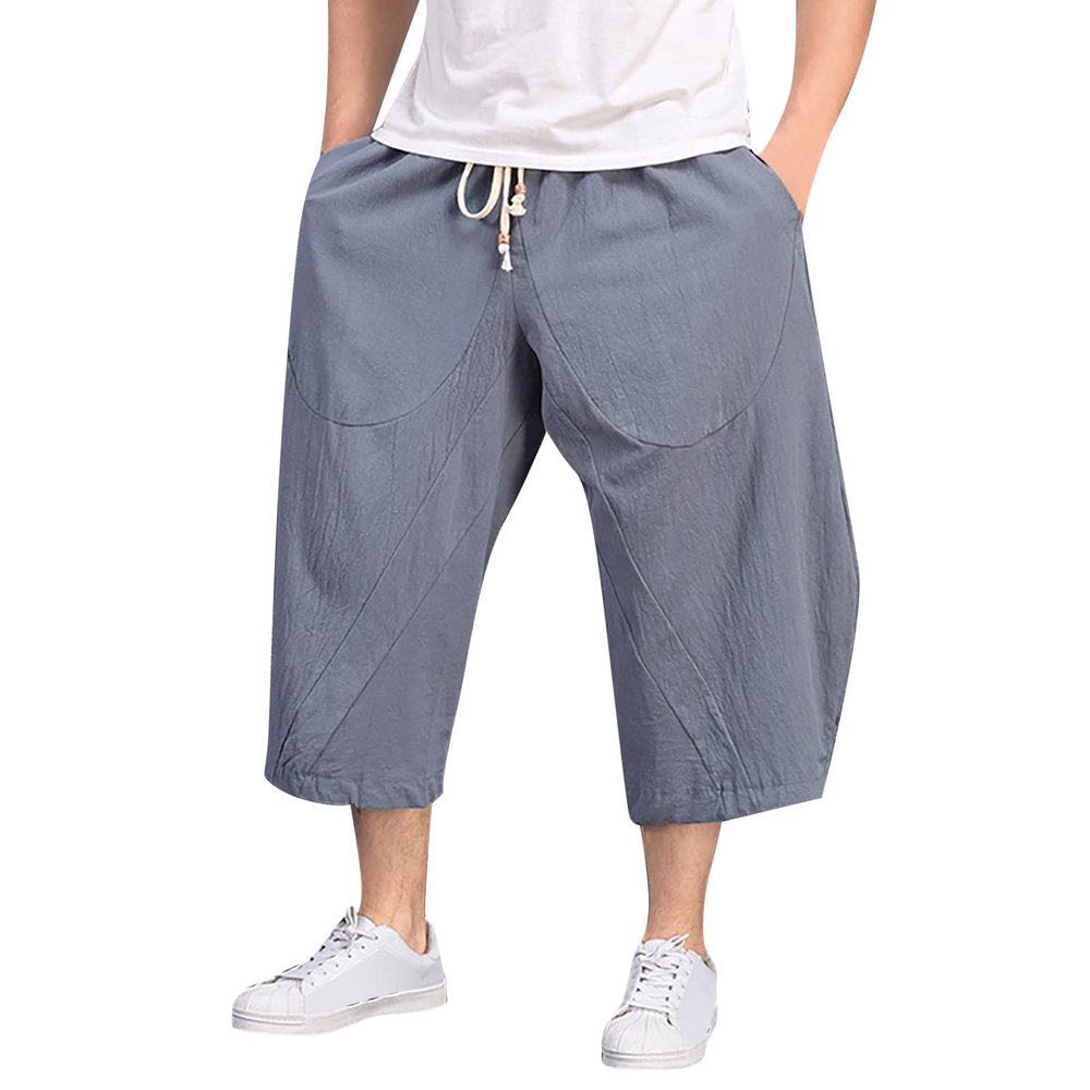GOKKILRW Mens Cotton Linen Harem Capri Pants Elastic Waist Lightweight Loose 3/4 Shorts Drawstring Casual Beach Yoga Trousers(Grey,4X-Large)