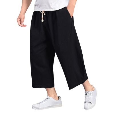 GOKKILRW Mens Cotton Linen Harem Capri Pants Elastic Waist Lightweight Loose 3/4 Shorts Drawstring Casual Beach Yoga Trousers(Black,Medium)