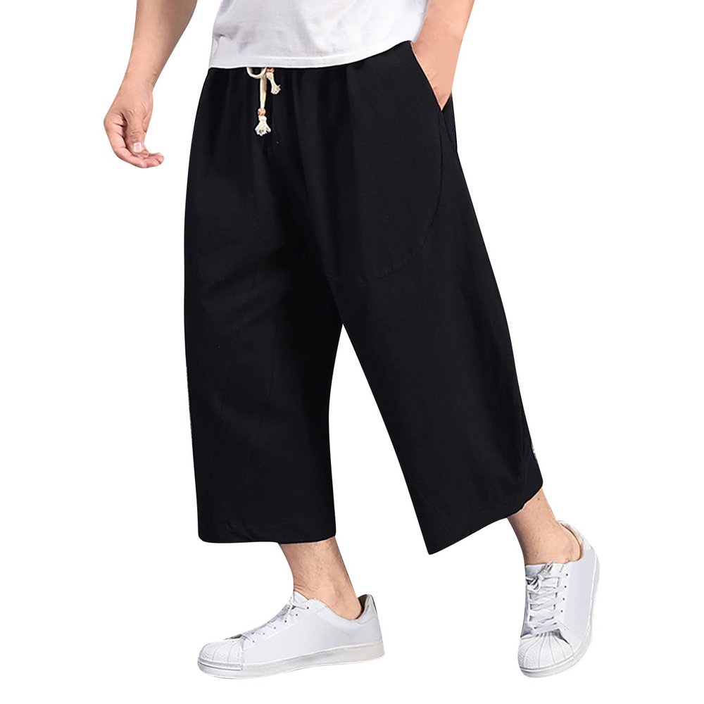 GOKKILRW Mens Cotton Linen Harem Capri Pants Elastic Waist Lightweight Loose 3/4 Shorts Drawstring Casual Beach Yoga Trousers(Black,Medium)