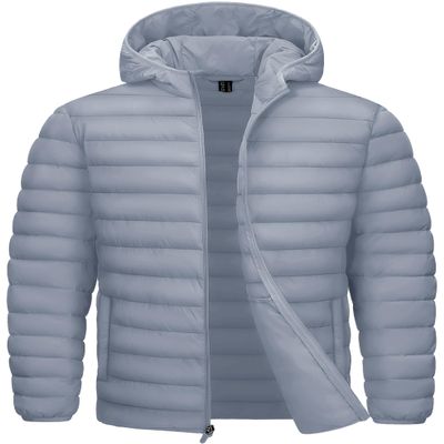 TACVASEN Mens Puffer Coat Hooded Lightweight Winter Quilted Jacket Water Resistant Casual Warm Windproof Down Coat Men Light Gray L