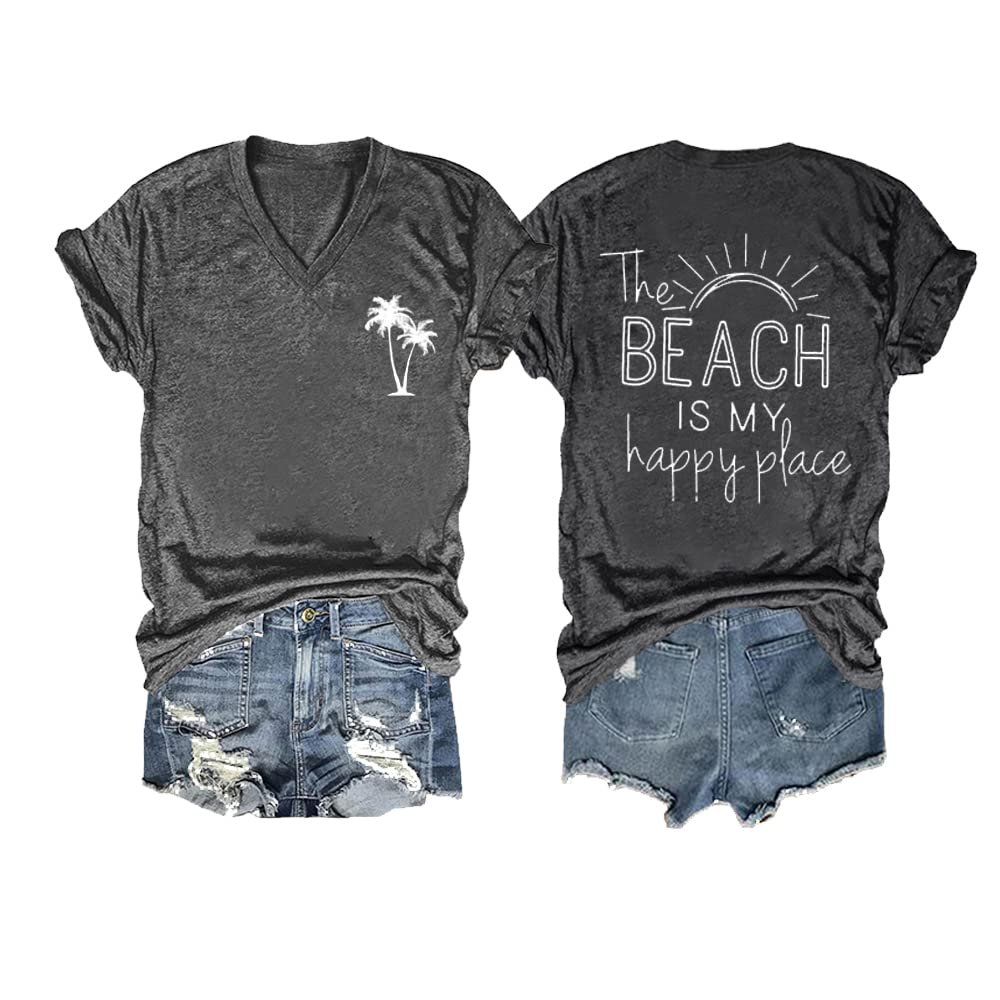 Beach is My Happy Place Shirt The Beach is My Happy Place Tank Top Beach Shirts for Women Summer Holiday Tee Casual Loose T Shirt Vneck Short Sleeve Tee Vacation Gift Charcoal