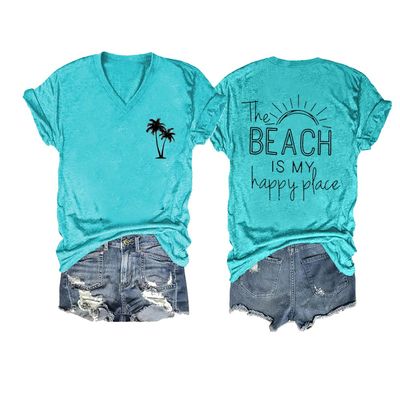 Beach is My Happy Place Tshirt The Beach is My Happy Place Shirt Plus Beach Shirts for Women Graphic Tees Vacation Beach Tshirt V-Neck Funny Casual T Summer Holiday T Plus Size 5XL Green